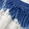 Blue and white gradient tie-dyed cool silk-stored linen dress for women with floral style Application Scenario